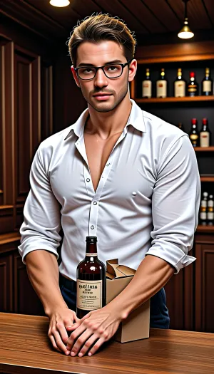 Tall guy with well-groomed facial hair and slight stubble, muscular arms from lifting boxes and shaking bottles, wearing a stereotypical bartender shirt, (rolled-up sleeves), standing behind a counter, toned physique visible, slightly messy hair, ironic look as if he's heard all the clients' stories, relaxed and confident posture like the counter is his stage and the guests are extras, cinematic lighting, realistic style, highly detailed, pub interior with bottles and glasses, <lora:Man_Men_FFashion:.8>
