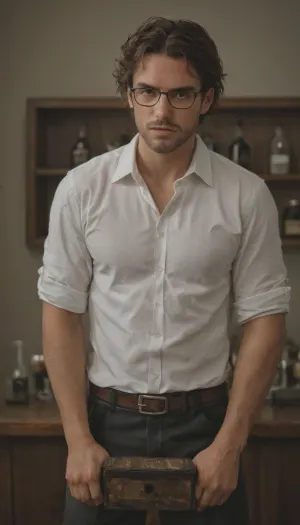 Tall guy with well-groomed facial hair and slight stubble, muscular arms from lifting boxes and shaking bottles, wearing a stereotypical bartender shirt, (rolled-up sleeves), standing behind a counter, toned physique visible, slightly messy hair, ironic look as if he's heard all the clients' stories, relaxed and confident posture like the counter is his stage and the guests are extras, cinematic lighting, realistic style, highly detailed, pub interior with bottles and glasses, <lora:Man_Men_FFashion:.8>