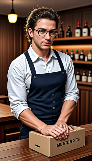 Tall guy with well-groomed facial hair and slight stubble, muscular arms from lifting boxes and shaking bottles, wearing a stereotypical bartender shirt, (rolled-up sleeves), standing behind a counter, toned physique visible, slightly messy hair, ironic look as if he's heard all the clients' stories, relaxed and confident posture like the counter is his stage and the guests are extras, cinematic lighting, realistic style, highly detailed, pub interior with bottles and glasses, <lora:Man_Men_FFashion:.8>