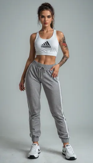 Nastya Mirnaya, tough and straightforward Russian street girl, (gopnica), confident bold walk. Slightly tanned skin, intense gaze, low voice, russet brown hair tied back in a simple ponytail. Wearing full black or khaki Adidas tracksuit, sneakers, short top showing a small tattoo on her ribs. Exudes 'don’t come closer than a meter' confident vibe, edgy street charm, realistic Russian urban vibe, detailed face, confident posture, soft lighting, lifelike drawing., <lora:add-detail-xl:.8>, 4ng3l, face, <lora:SDXL_BetterFaces-LoRA_v1:.8>, NEGATIVE_HANDS