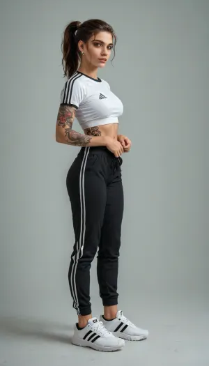 Portrait of Nastya Mirnaya, tough and straightforward Russian street girl, (gopnica), confident bold walk. Slightly tanned skin, intense gaze, low voice, russet brown hair tied back in a simple ponytail. Wearing full black or khaki Adidas tracksuit, sneakers, short top showing a small tattoo on her ribs. Exudes 'don’t come closer than a meter' confident vibe, edgy street charm, realistic Russian urban vibe, detailed face, confident posture, soft lighting, lifelike drawing., <lora:add-detail-xl:.8>, 4ng3l, face, <lora:SDXL_BetterFaces-LoRA_v1:.8>, NEGATIVE_HANDS
