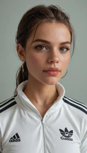 Portrait of Nastya Mirnaya, tough and straightforward Russian street girl, (gopnica), confident bold walk. Slightly tanned skin, intense gaze, low voice, russet brown hair tied back in a simple ponytail. Wearing full black or khaki Adidas tracksuit, sneakers, short top showing a small tattoo on her ribs. Exudes 'don’t come closer than a meter' confident vibe, edgy street charm, realistic Russian urban vibe, detailed face, confident posture, soft lighting, lifelike drawing., <lora:add-detail-xl:.8>, 4ng3l, face, <lora:SDXL_BetterFaces-LoRA_v1:.8>, NEGATIVE_HANDS