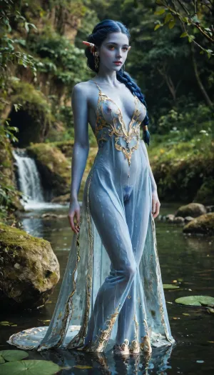 dark fantasy, very skinny thin female naïade, pointed ears, (blue skin), (long straight dark blue hair, long braid), medium breasts, blue hairy pussy, coming out of the water, transparent dress, white transparent long dress with lot gold embroidery, 3/4 body view, river