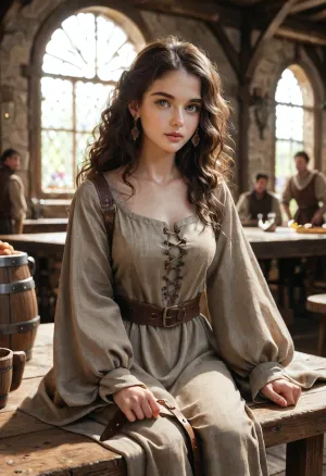 Brunette, long straight hair, brown silk tunic with V-neck fastened with straps at the neck, tunic with sleeves, leaving legs bare, sitting on a table in a medieval tavern