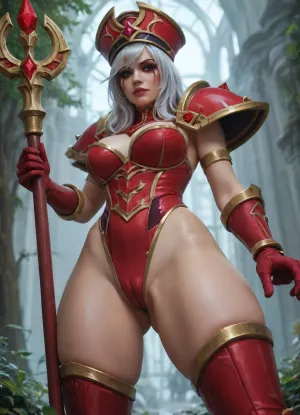 score_9_up, score_8_up, score_7_up, 1girl, (world of warcraft, Sally Whitemane, scarlet crusade:1.4), crimson armor gold boarders, jeweled armor, armored leotard, (raised cameltoe, partially visible labia majora, puffy cameltoe, big cameltoe), (huge pauldrons), (wide hips, thick thighs, huge ass:1.4), staff in hands, gloves, thigh high boots, (red facial markings, dark eyeliner, dark eyeshadow), massive cathedral in the background, shrubs, trees, (mischievous smirk:1.3), dynamic pose, (silver hair:1.3), (shiny gold trim:1.4)