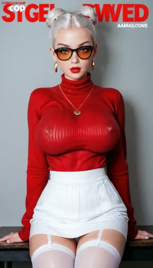 (((The porn Magazine "BIG TITS"))), The cover page, the headline is "BIG TITS become NO.1 " and the cover lady is pretty, aidmaRealisticPeoplePhotograph., raw, lighting, overexposed, harsh, flash, Tall slender Korean teacher woman with thick black glasses, (((25 years old))), ((Wavy long snow white hair with with bangs at the front, in bun)), ., (((white thigh highs))), Very Short white skirt, ((Sexy Posing)), (((Big breasts:1.5))), Shirt too tight and semi-transparent., ((red sweater)), golden necklace, <lora:SDXLHighDetail_v6-000005:.8>, <lora:Rawfully Stylish v0.2_epoch_20:.8>