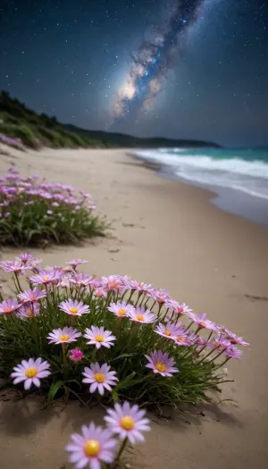 5000000010.332, Flowers made of stars on the beach at night, under a starry sky, glowing flowers in a fantasy style create a fantastic scenery. Realistic and hyperrealistic photography capture dreamy colors in ultrahigh definition images of unique plants