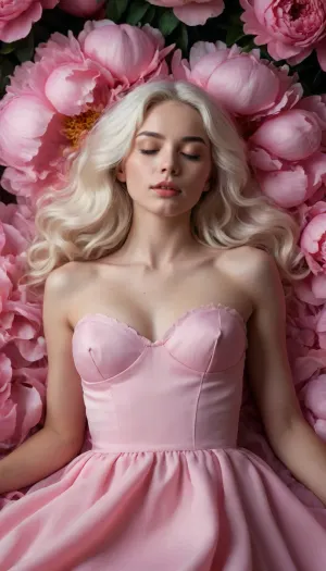5000000010.308, Model shot, ha girl with long wavy white hair, wearing a soft pink dress whose fabric looks like the petals of a peony flower, sleeping in the center of a huge pink peony, macro, wide angle shot taken with a Canon EOS R5 high resolution camera