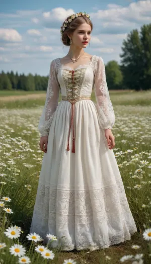 Russian beauty in national costume, lace filigree, bright. Clear, very detailed watercolor, glazing technique, plus colored alcohol inks, style of V. Vasnetsov. Stands in full growth in a field with daisies