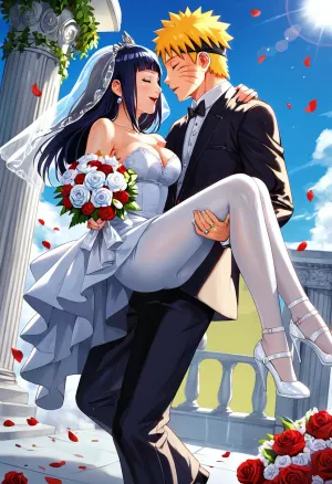 score_9, score_8_up, score_7_up, naruto_series, naruto_shippuuden, uzumaki_naruto, hyuuga_hinata, absurdres, highres, 1boy, 1girl, ^_^, arch, bare_arms, bare_shoulders, black_hair, black_pants, blue_sky, bouquet, breasts, bride, carrying, carrying_person, cleavage, closed_eyes, column, cowboy_shot, day, dress, dutch_angle, falling_petals, floating_hair, flower, full_body, groom, hair_flower, hair_ornament, hand_on_another's_shoulder, high_heels, holding, holding_bouquet, jewelry, large_breasts, legs, lens_flare, long_dress, long_hair, looking_at_another, open_mouth, outdoors, pants, petals, pillar, princess_carry, profile, red_flower, red_rose, ring, rose, shoe_dangle, shoes, sky, smile, standing, strapless, strapless_dress, toe_cleavage, veil, wedding, wedding_dress, wedding_ring, white_dress, white_flower, white_rose, white_shoes, white_veil