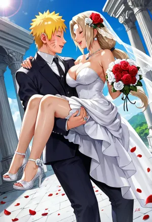 score_9, score_8_up, score_7_up, naruto_series, naruto_shippuuden, uzumaki_naruto, tsunade_from_naruto, absurdres, highres, 1boy, 1girl, ^_^, arch, bare_arms, bare_shoulders, blonde_hair, black_pants, blue_sky, bouquet, breasts, bride, carrying, carrying_person, cleavage, closed_eyes, column, cowboy_shot, day, dress, dutch_angle, falling_petals, floating_hair, flower, full_body, groom, hair_flower, hair_ornament, hand_on_another's_shoulder, high_heels, holding, holding_bouquet, jewelry, huge_breasts, legs, lens_flare, long_dress, long_hair, looking_at_another, open_mouth, outdoors, pants, petals, pillar, princess_carry, profile, red_flower, red_rose, ring, rose, shoe_dangle, shoes, sky, smile, standing, strapless, strapless_dress, toe_cleavage, veil, wedding, wedding_dress, wedding_ring, white_dress, white_flower, white_rose, white_shoes, white_veil