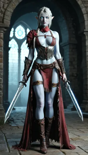 a tall athletic elven warrior wearing plate armor with no clothing underneath, pointy ears, extremely long hair, slim waist, thigh gap, dual wielding elven weapons, glowing eyes, blue skin, strom, elf, full body view, Bloodborne, <lora:PAseer-SDXL-StormElf:2>, <lora:Bloodborne:1.3>