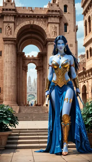a tall athletic elven warrior wearing plate armor with no clothing underneath, pointy ears, extremely long hair, slim waist, thigh gap, dual wielding elven weapons, glowing eyes, blue skin, strom, elf, full body view, atlantis, ancient, architecture, concentric, islands, otherworldly, metropolis, advanced, civilization, building, buildings, tower, center, city, Atlantean, geometric, patterns, utopian, society, <lora:PAseer-SDXL-StormElf:2>, <lora:LM Terrace View Lost City Of Atlantis:1.5>