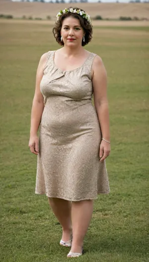 A 60-year-old plump mature woman in a short house dress runs through a field with a wreath on her head. The skirts of the dress rise, showing her full legs
