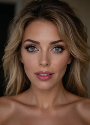 gorgeous woman, (milf), (mature), (wrinkles:1.2), (sharp face features:1.4), (fake thick lips), (messy hair:1.2), (thick hair), (brunette hair), blonde highlights, flushed, (wide open eyes), wet hair, big eyes, big mouth, wide jaw, wide cheekbones, sharp chin, (long nose:1.2), (sharp nose), (tall face), (narrow face:1.2), wicked smile, (thick eyelashes:1.2), sexy lipstick, light gray eyes, dark tanned, (front face view), (bimbo makeup)