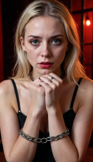 Skinny Young blonde girl with small tits in a dark bdsm-dungeon with red lights, looking with fear, look exhausted and humiliated, she has been tortured, she is very beautiful and cute, she is down on her knees on the floor, ((in handcuffs)), collar on her neck, she is a sex-slave, she has been punished and humiliated, tears on her face, she is crying, begging to let her out, bruises on her face and body, ((her hands are cuffed together))