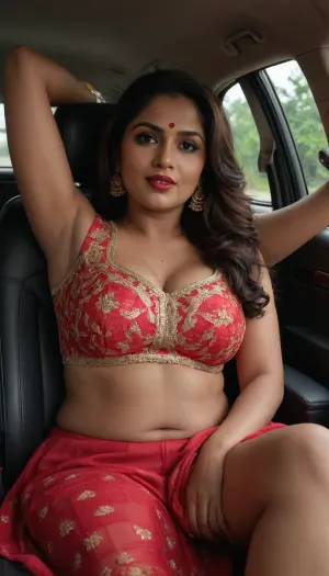 very gorgeous indian milf massive busty thick figure married kerala wife wearing a Indian embroidery colourful sleeveless blouse and lehanga, long hairs stylish, open buttons blouse, slut makeup, red lipstick, reclining laying in a benz suv front seat, looking towards built nigerian 1man co passenger, seducing blushing smirk, feeling erotic for men, saree pulled up fully showing exposing full thighs placing legs up on seat, hands raised above shoulders holding headrest at back