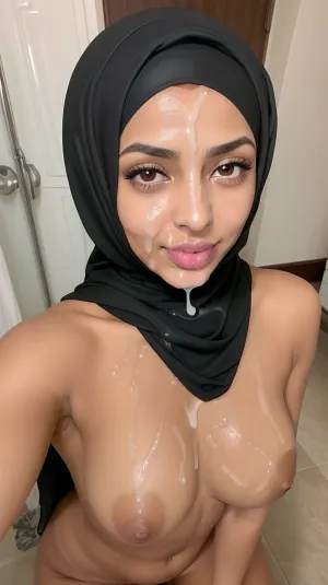 Marocaine à la peau très noires, seins nue, elle se masturbe, hijab noire, cumfacial55, cum, on, face, cumshot, cumfacial, facial, <lora:cumfacial55_v2:.8>