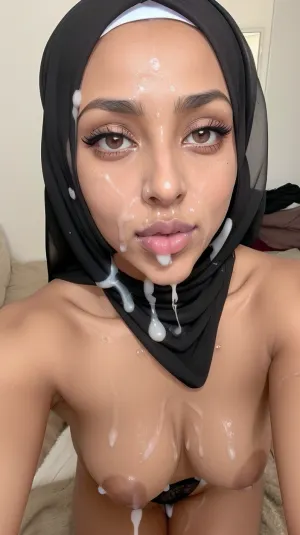Marocaine à la peau très noires, seins nue, elle se masturbe, yeux noires, mascara, hijab noire, cumfacial55, cum, on, face, cumshot, cumfacial, facial, <lora:cumfacial55_v2:.8>