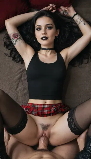 man POV, beautiful 33yo Goth girl, lying on her back with her legs spread, missionary position, (vaginal:1.6), vaginal sex, big dick in the girl’s pussy, black pubic hair, slim body, long wavy black hair, very pale skin, loving look, modest smile, dark makeup, goth makeup, (black lipstick), piercings, ear tunnels, colored tattoos, very transparent black tank top, choker, plaid skirt, stockings, high gothic boots, gothic, night, neon light, (highly detailed face:1.3)
