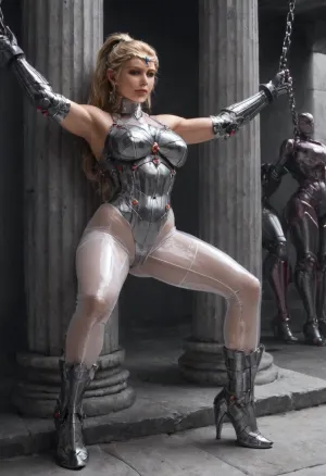 (panoramic), 8K UHD, realistic masterpiece, maximum quality, maximum details, maximum realism, score 9, score 8 up, score 7 up, elven shrine, (mature woman. 40 years old, blonde, ponytail), standing between 2 stone columns, (arms spread wide, legs spread wide, wrists chained to column. ankles chained to columns:1.3), circlet, (metallic silver high boots, metallic silver gauntlets, corset, pauldron, greaves:1.2), (Translucent silver latex leotard, translucent silver latex leggings, metallic silver harness:1.4), Endless_Up_SDXL_Neg, ImgFixerPre0.3, perfect, eyes, skin, blemish, detailed, peopleneg, <lora:polyhedron_all_sdxl-000004:2>