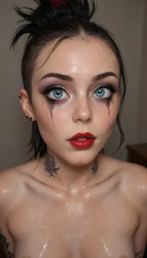 ((16k details quality)), 1 woman, 39yr, gothic, goth, emo, punk, heavy metal, pale skin, sexy, slim, big eyes, heavy eye liner, heavy eye shadow, smeared mascara, smeared eye shadow, smeared red lipstick, sweaty skin, oiled skin, shimmer, high contrast, pierced nipples, shaved head, black eyeliner, covered in tattoos, dark bedroom, huge perfect ass, small tits, facial, blow job, sucking a dick with cum on her face, cum on her face, getting fingered by another girl, two other gils look on in the background, reiko, japanese, woman, sawamura, <lora:Reiko:.8>, <lora:SquattingAnal:.8>