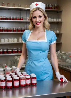 A 4K photo of a tall and sexy nurse with a perfect rounded chubby ass, narrow waist and sexy bloodstained cleavage. Full body photo from feet to head. She has a perfect hourglass figure and is wearing a tight shiny light blue latex uniform, a white bloodstained apron with a red cross on it, and very long bloodstained white latex gloves over the elbows. The nurse is standing in a hospital room with a gynelogical chair with heavy bloodstained paper sheets in the background. She has a stunning beautiful face, with a little black makeup, perfect smokey eye, and is laughing sadistically. The eyes are open, eyes pupils are visible. She is holding two dark red egg-shaped two inch sized bloodstained meatballs in her left hand. She squeezes the egg-shaped meatballs firmly. A medical jar, filled with a clear fluid and two bloody two inch sized egg-shaped meatballs, is visible in the foreground on a medical stainless-steel table, (filled medical jars:1.5), . Several medical jars in a storage rack are clearly seen in the background. The medical jars are labeled with different surnames like Smith, Parker or Winterbottom. These medical jars in the background are all filled with a fluid and two egg-shaped meatballs each, (detailed background:1.6), .