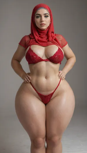 arab, hdr, ultra hd, pale skin, beautiful face, looking at viewer, blonde, big lips, swollen lips, red hijab, voluptuous, pawg, medium breast, bottom heavy, huge massive gigantic ass, giant hips, hyper ass, extremely hyper hips, hyper wide hips, huge hips, hyper thighs, huge thighs, thick thighs, massive hyper thighs, massive hyper hips, massive thighs, wide hips, thighs bigger than waist, pear shaped, red underwear, hard light, waist shot