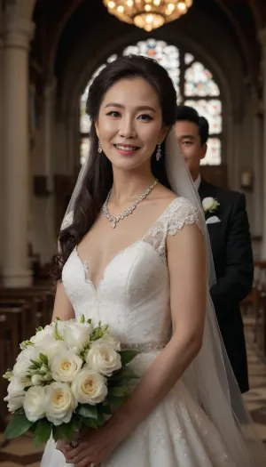 4K, fond, outside, smile, gorgeous church, plunging, luxury gorgeous sheath wedding dress, iris Bouquet, ultra-detailed, (dark brown hair), (long hair), (straight hair), ((Ultimate realistic photo)), ((detailed face)), korean 60yo old bride, (Korean gorgeous grand mother and korean young boy), mother and son, tuxedo, necklace, wedding photo shoot style --v 6 --style raw