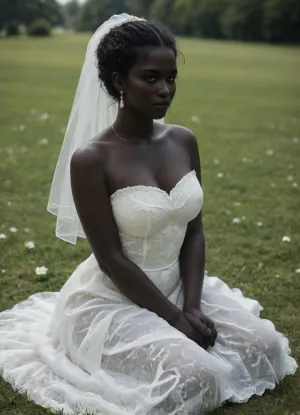 my wife, beautiful woman, 25yo, curvy body, big round boobs, short acro hairy, (ultra black skin:1.9), .break., my wife wearing a wedding dress, sitting on the grass