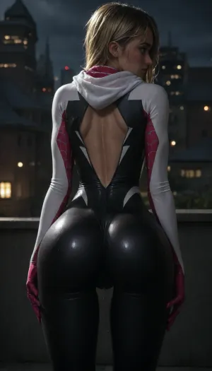 night, clear weather, (((18 years old))), (((young))), (shy and embarrassed:1.4), (spider girl Gwen Stacy), (tight outfit), (athletic body:1.5), (hip gap:1.3), wide hips, (narrow waist:1.4), (blonde with pink strands), (full rear view:1.7), climbs to the roof of a high-rise building, (pussy cameltoe), (shining wet clothes), (makeup:1.2), (oiled skin:1.5), (wet shining tight bodysuit:2), hand, 1girl, (athletic ass:1.8), dim lights, (chiaroscuro lighting:.3), <lora:HandFineTuning_XL:1>, <lora:MGLRbodysuit_sdxl:.6>, <lora:uberfit_lora_sdxl:.4>, <lora:dark:.3>, (ass close-up:1.5), (leans down:1.4), (athletic inner thigh:1.4), laying on the floor