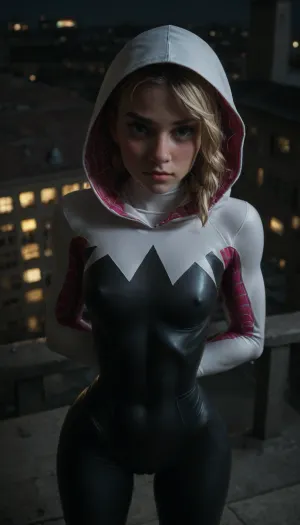 night, clear weather, (((18 years old))), (((young))), (shy and embarrassed:1.4), (spider girl Gwen Stacy), Braided side Side Cornrows Hair, (tight outfit), (athletic body:1.5), hood on head, (hip gap:1.3), wide hips, (narrow waist:1.4), (blonde with pink strands), (view from front and above:1.6), climbs to the roof of a high-rise building, (makeup), New York day, ((pussy cameltoe:1.4)), (shining wet clothes), (makeup:1.2), (oiled skin:1.5), (wet shining tight bodysuit:1.8), hand, 1girl, (athletic ass), medium natural breast, (high detailed face:1.5), dim lights, (hard nipples:1.3), (chiaroscuro lighting:.3), <lora:HandFineTuning_XL:1>, <lora:MGLRbodysuit_sdxl:.6>, <lora:uberfit_lora_sdxl:.4>, <lora:dark:.3>