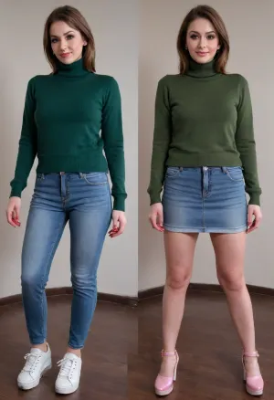Before and after, a shy conservative Christian girl, (she is relatively confident on first image:1.1), fully clothed, wearing a green turtle neck pullover, (long jeans pants and dark green turtleneck pullover and white sneakers on first image:1.4), BREAK, the same girl turned into a complete slut, (she is extremely ashamed on second image:1.3), (standing insecurely), (slutty outfit, she is wearing an extremely short pink pleated micro skirt and white t-shirt and extremely elevated pink platform high heels on second image:1.3), (platform high heels on second image:1.4), (extremely short pink pleated micro skirt on second image only:1.2), <lora:OnoffXL_ExtraCrispy:.4>