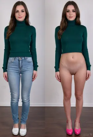 Before and after, a shy conservative Christian girl, (she is relatively confident on first image:1.1), fully clothed, wearing a green turtle neck pullover, (long jeans pants and dark green turtleneck pullover and white sneakers on first image:1.4), BREAK, the same girl turned into a complete slut, (she is extremely ashamed on second image:1.3), (standing insecurely), (slutty outfit, she is wearing an extremely short pink pleated micro skirt and white t-shirt and extremely elevated pink platform high heels on second image:1.3), (platform high heels on second image:1.4), (extremely short pink pleated micro skirt on second image only:1.2), <lora:OnoffXL_ExtraCrispy:.4>