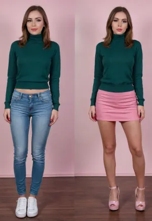 Before and after, a shy conservative Christian girl, (she is relatively confident on first image:1.1), fully clothed, wearing a green turtle neck pullover, (long jeans pants and dark green turtleneck pullover and white sneakers on first image:1.4), BREAK, the same girl turned into a complete slut, (she is extremely ashamed on second image:1.3), (standing insecurely), (slutty outfit, she is wearing an extremely short pink pleated micro skirt and white t-shirt and extremely elevated pink platform high heels on second image:1.3), (platform high heels on second image:1.4), (extremely short pink pleated micro skirt on second image only:1.2), <lora:OnoffXL_ExtraCrispy:.4>
