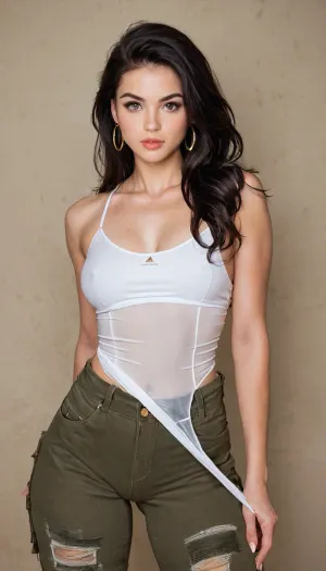 Beautiful skinny girl with black long hair on photo studio., (Wide hips:1.2), (thick thighs:1.2), thigh gap. She wears high waist sheer swimsuit underneath baggy cargo pants., (Dynamic sexy pose), <lora:SDXLHighDetail_v6-000005:.8>, raw, lighting, overexposed, harsh, flash, <lora:Rawfully Stylish v0.2_epoch_20:.8>
