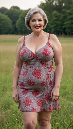 A 65-year-old plump woman stands in the middle of a grassy field. She is plump and mature, with short hair and makeup on her face. She is wearing a beautiful short summer dress with a large neckline and a slit in the skirt. She has a bright smile and bright red lips. As she prepares to relieve herself, the slit in her dress opens, revealing her large, saggy breasts and wide hips. Her panties slipped slightly to her knees.