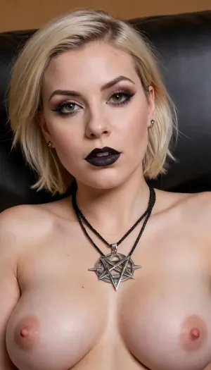 28 years old, Slovak, woman, rocker, slightly chubby body figure, short legs, big thighs, big hips, flat wide butt, slightly flabby belly, small saggy breasts, elliptical reddish nipples, light skin, untrimmed bushy blond pubic hair, pointed square chin, plump cheeks, medium-sized mouth, full lips, medium-sized nose, bushy dark brown eyebrows, piercing medium-sized grey eyes, prominent long black eyelashes, short blond hair, blond bob haircut, blond hair shaved shorter on left side of head, black eyeline, black lipstick, multiple leather bracelets, multiple rings, multiple earrings, black satanic pentagram hanging from neck, black leather strap around neck, lie down on bed