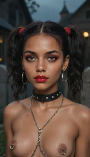 (((two 18 year old African American vampire girls))), black skin, neck bitting, midevil, glowing red eyes, black eyeshadow, sad face, closed mouth, one with black hair with rainbow hair, ponytails, red lipstick, blood dripping out of the corners of the mouth, vampire, vampire teeth, in a dark graveyard, bound in chains, nipple rings, earrings, collar, perfect tiny breasts