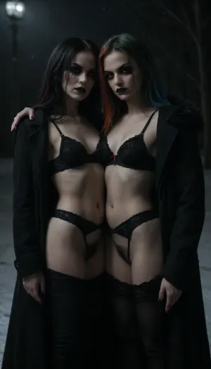 t33nager, vampire girl, Anarexic body type, rainbow hair, Thigh-length long hair, red eyes color, Proper eyes, A glance at the camera, Symmetrical eyes, Identical eyes, emo style makeup, Black lipstick, Coat, Sexy Lingerie, Sexy bra, Sexy strings pants, hairy pussy, hairy armpit, night TIME, snow winter., The right eye is covered with bangs, flat, chested, bukkake, cum, covers chest with hands, angry face, calm, <lora:dark:2>, <lora:flat_chested_v3.5:2>, <lora:MS_Real_XL_Bukkake:2>, <lora:angry:2>