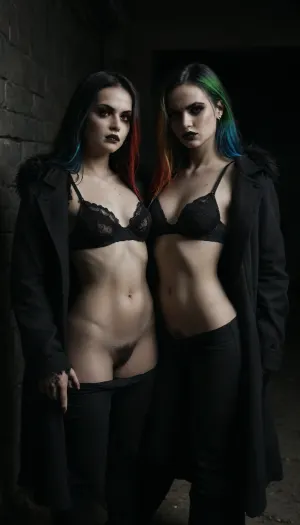 t33nager, vampire girl, Anarexic body type, rainbow hair, Thigh-length long hair, red eyes color, Proper eyes, A glance at the camera, Symmetrical eyes, Identical eyes, emo style makeup, Black lipstick, Coat, Sexy Lingerie, Sexy bra, Sexy strings pants, hairy pussy, hairy armpit, night TIME, snow winter., The right eye is covered with bangs, flat, chested, bukkake, cum, cum belly, cum legs, covers chest with hands, angry face, calm, <lora:dark:2>, <lora:flat_chested_v3.5:1.6>, <lora:MS_Real_XL_Bukkake:1>, <lora:angry:1.4>