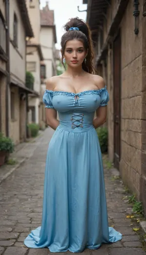 French, 25+, Voluptuous, Massive Breast, erect nipples, huge Bubble butt, Long length, Ponytail, Cleavage, Messy Hair, Thick Thighs, Waist Shot, Medieval, European Village, Soft Shadow, cosplay belle from beauty and the beast, big blue hairbow, restrained, arms behind back, extremely hyper ample cleavage, deep clevage, exaggerted wasp waist, humongous breasts, breasts squeezing shirt, breasts stretching dress to its limits, her breasts are obviously way too big for dress, her dress is squeezing her huge breasts extremely tight, dress barely covers nipples, dream woman, extremely face