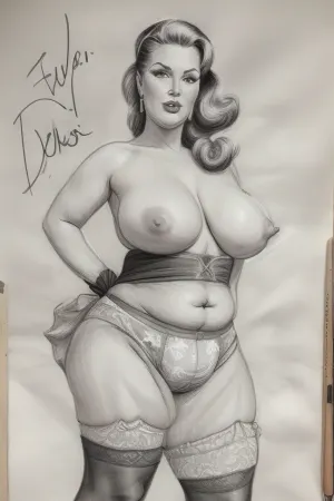 (((drawing sketch))), old art studio sketch drawing, detailed face, very old plump streetswhore, looking as viewer, bbw, grey-haired blonde, tails, plump bottomless woman 90 yo age, big butt, wide hips, saggy torpedo breasts, lace black stockings, stiletto hight heels, outdoor, walking, vintage gloves, (((crotchless_panties))), fat pussylips, standing, sagging, breasts, huge, backbreakingbreasts, white, background, full, body, (medium), elvgren, Ballantyne, chavez, driben, fried, frush, Moran, mozert, berardinis, pencil, drawing, monochrome, sketch, traditional, media, graphite, dandecarlo, vintagenudeslora, woman, monsterpussy, <lora:CameltoeV4:.4>, <lora:Monsterpussy:.6>