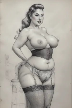(((drawing sketch))), old art studio sketch drawing, detailed face, very old plump streetswhore, looking as viewer, bbw, grey-haired blonde, tails, plump bottomless woman 90 yo age, big butt, wide hips, saggy torpedo breasts, lace black stockings, stiletto hight heels, outdoor, walking, vintage gloves, (((crotchless_panties))), fat pussylips, standing, sagging, breasts, huge, backbreakingbreasts, white, background, full, body, (medium), elvgren, Ballantyne, chavez, driben, fried, frush, Moran, mozert, berardinis, pencil, drawing, monochrome, sketch, traditional, media, graphite, dandecarlo, vintagenudeslora, woman, monsterpussy, <lora:CameltoeV4:.4>, <lora:Monsterpussy:.6>