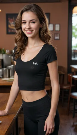 A slim, 28 yo woman with fair skin and long, wavy brown hair flowing down her back. She's rocking a tight, black short-sleeve t-shirt and high-waisted black pants that show off her fit figure. The background is a restaurante, ca45mv7-100, smiling, flat, chested, <lora:flat_chested_v3.5:.8>, <lora:Midjourney Image Enhancer XL v1:.8>, <lora:ahxl_v1:.8>, bending over, bending over a desk, lean forward