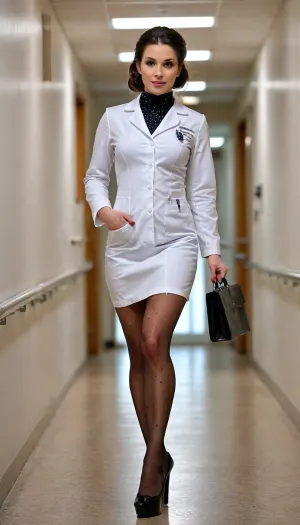 (usually looks natural everyday), (petite, compact woman, plump woman, short), (highly detailed face), (as a middle doctor slender), young medical student, hair is light, slightly disheveled, twisted into a bun at the back of the head patent leather, tight leather mini skirt, turtleneck jumper, (dress under hospital coat), (medical gown wide open), (stethoscope), erotic stockings with dots, (heels walking anxiously in a hospital full body view), (muscular, muscle tension in the legs, dense, powerful, slender, elegant, erotic legs, seductive legs), (high heel platform shoes, sexy sophistication shoes, high stilettos), (walks quickly down the hospital corridor), (nurse-doctor look sexually provocative, elegant, aesthetically cute), (she is in full growth), bmbplora, <lora:bimboxl_02:.5>