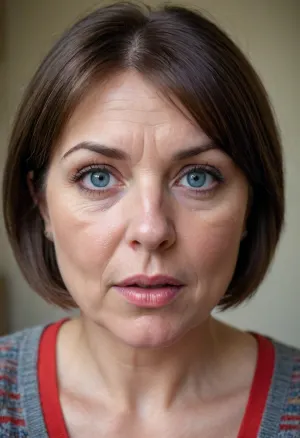 1girl, average height, french, bob cut brunette hair, 55 years old, thin, chubby, solo, blue eyes, perfect eyes, realistic, wrinkles, lick her lips by her tongue