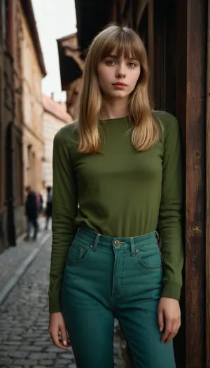 a young 20-year-old girl, Scandinavian appearance, student, skinny blonde with bangs, shoulder-length hair, flat chest, small stature, simple but sweet appearance, rustic appearance, snub nose, full lips, prominent cheekbones, kind sweet look, big eyes, in a green longsleeve, loose jeans, converse sneakersI came from the provinces to a big city