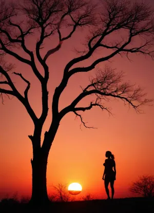 sunset in the savannah blood-red horizon, silhouette of a bare tree in the background, silhouette of a woman in the foreground, curvaceous woman