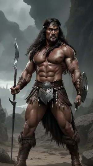 uber realistic image, fullcolor image, full body view, 8K quality, ultra detailed, masterpiece, Conan the Barbarian, swinging his sword.